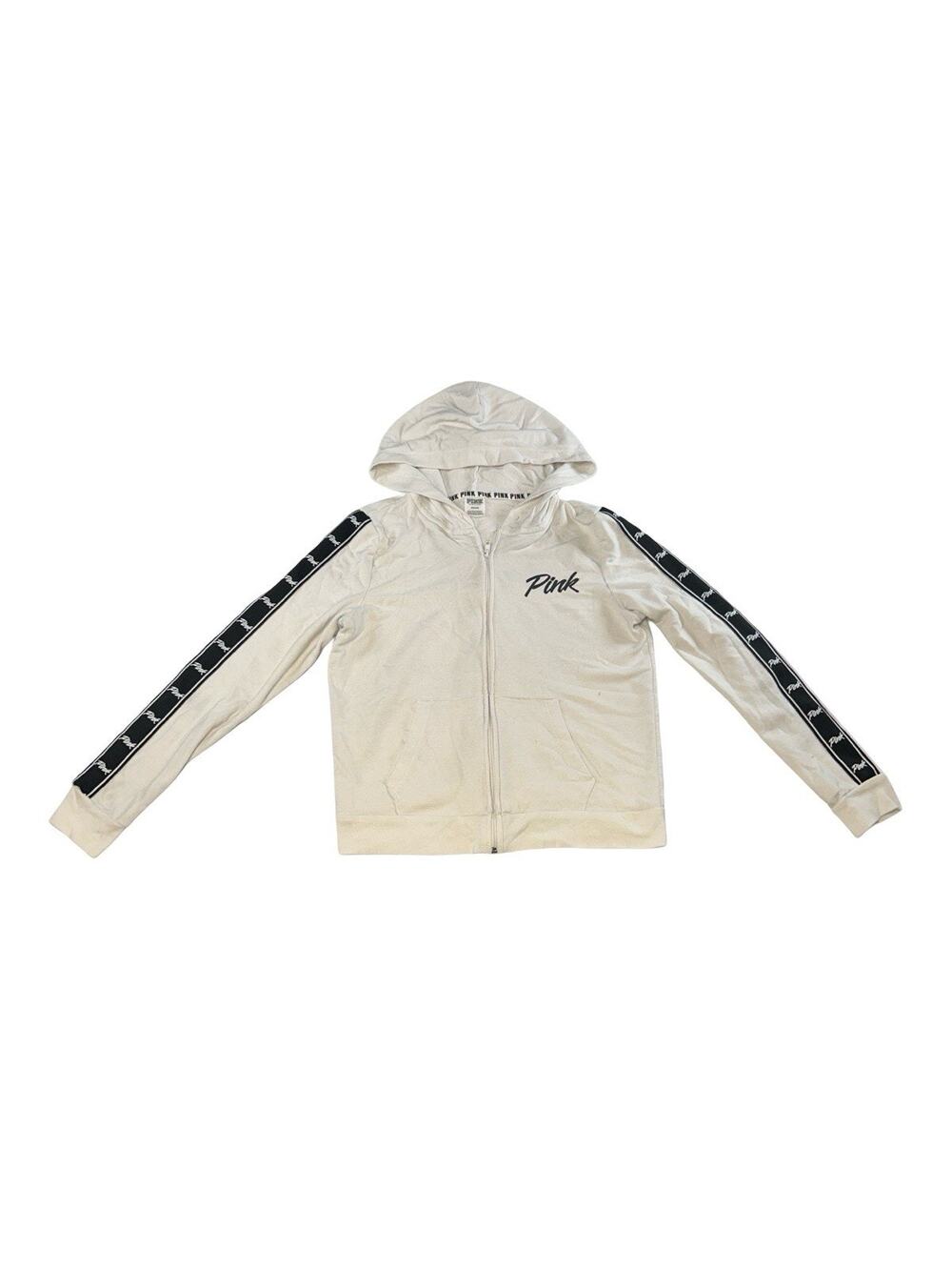 PINK Victoria’s Secret Women’s Medium Full Zip Hoodie White Sleeve Stains